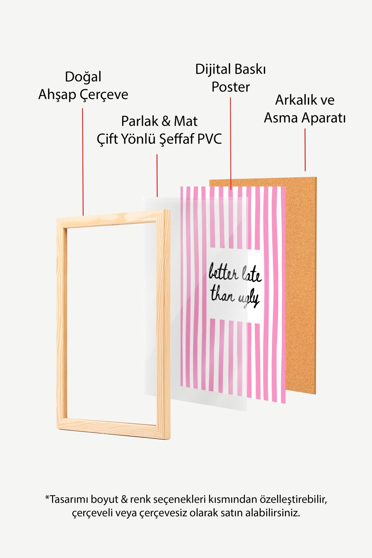 Pembe Çizgili Alıntı Sanatı Poster – Ahşap Çerçeveli Tablo