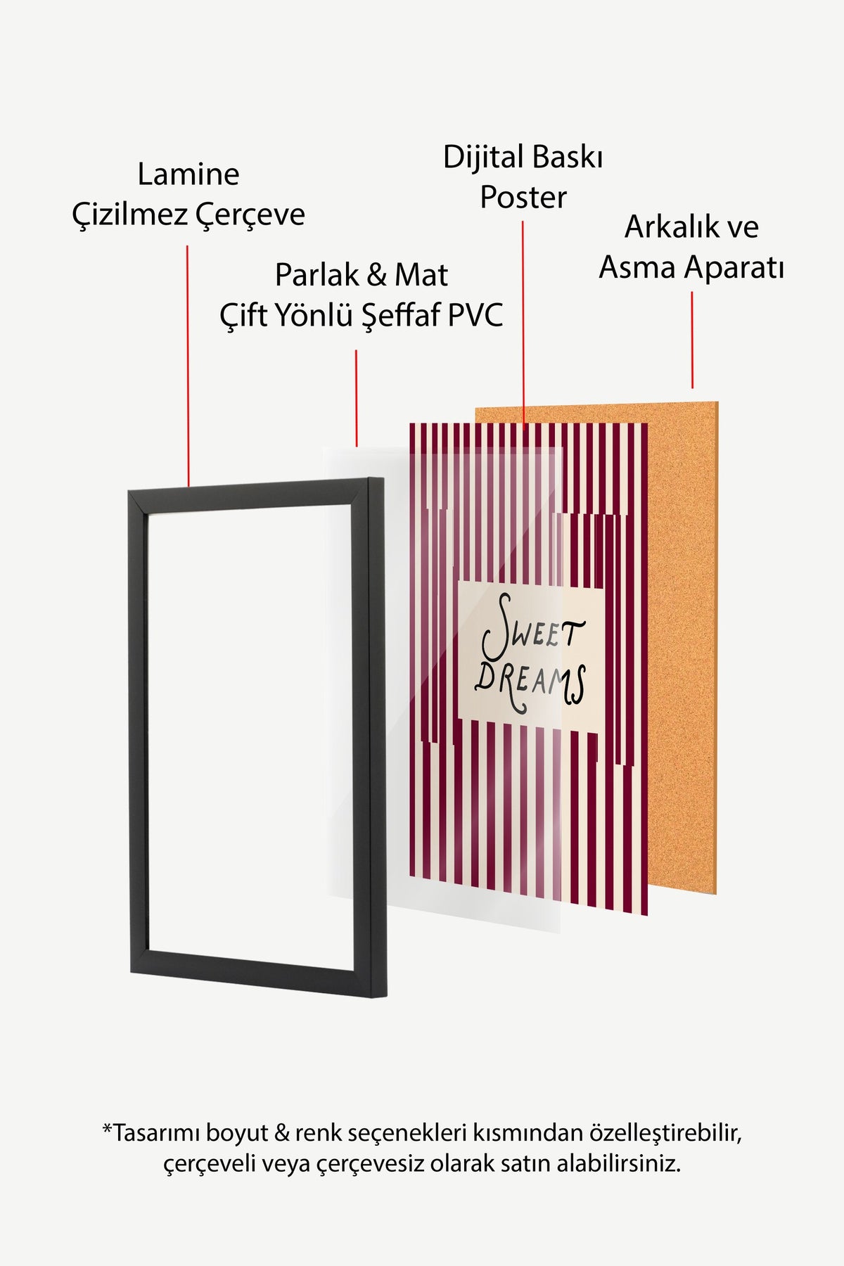 Şeritli Tatlı Rüyalar Yazısı Poster – Siyah Çerçeveli Tablo