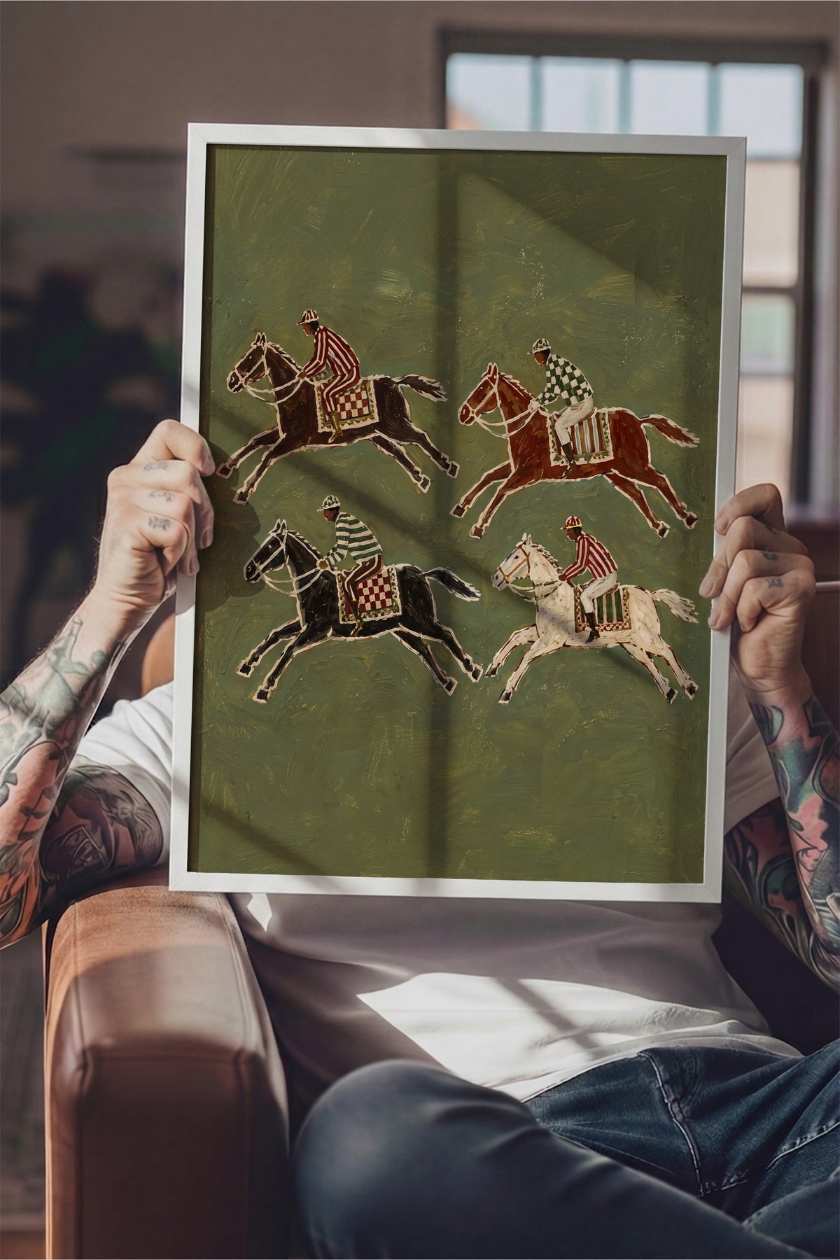 Jokeyli At Yarışı Kompozisyonu Poster – Beyaz Çerçeveli Tablo