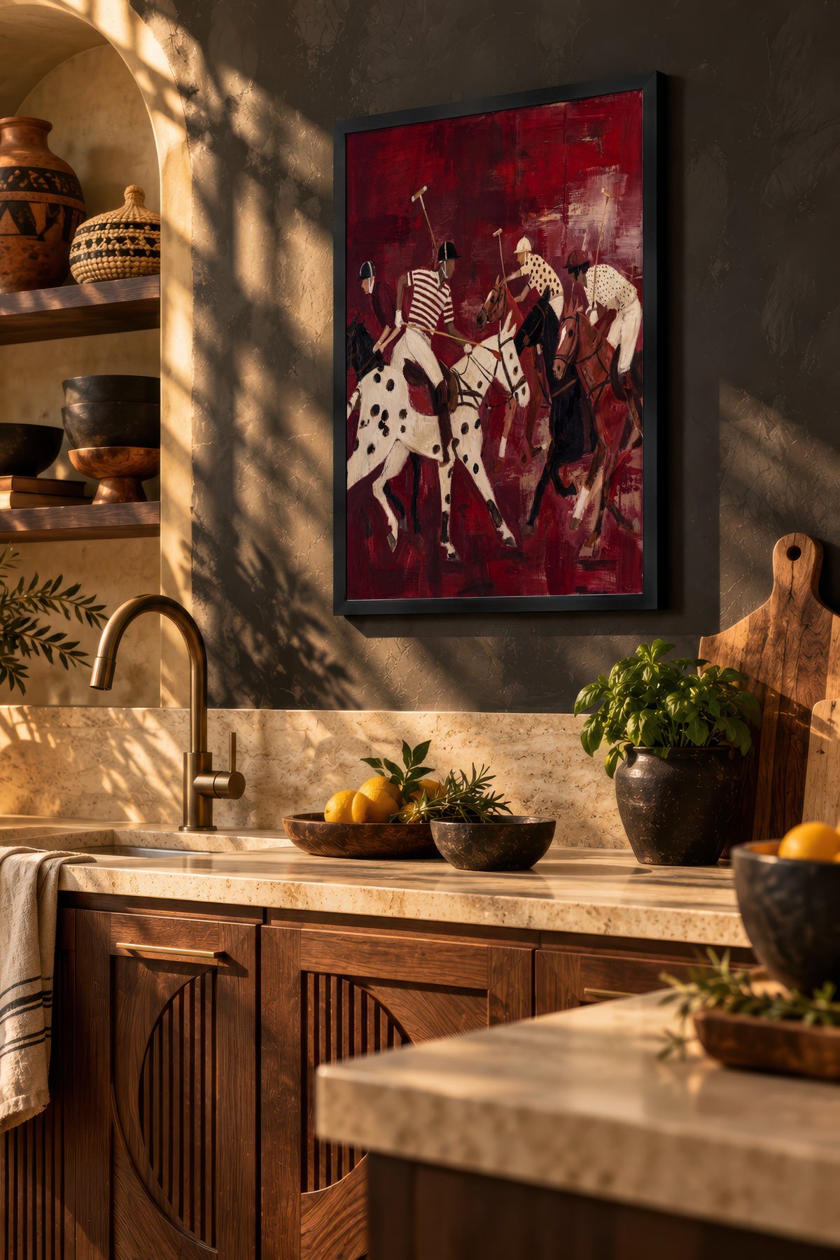 Kırmızı Zeminde Polo Oyuncuları Poster – Siyah Çerçeveli Tablo