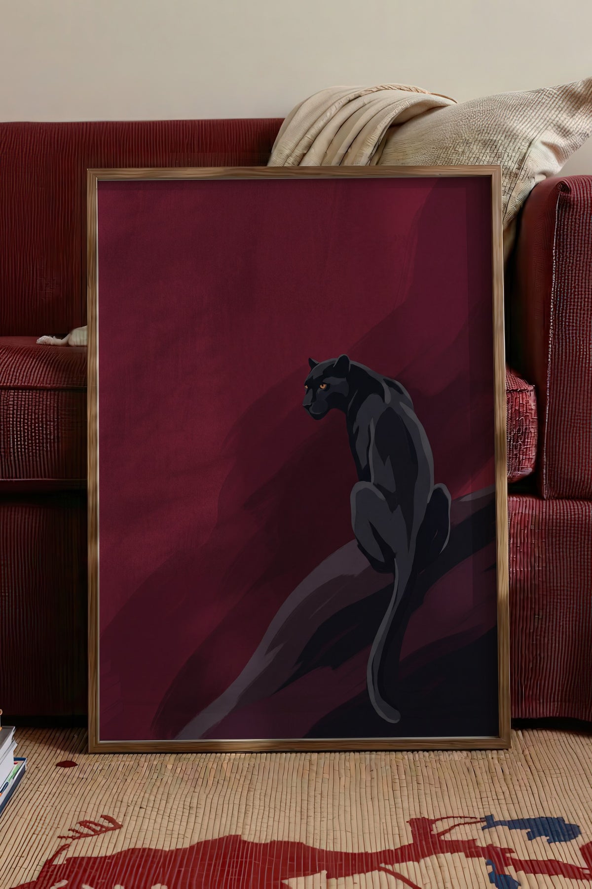 Kızıl Gecede Panter Poster – Kahverengi Çerçeveli Tablo