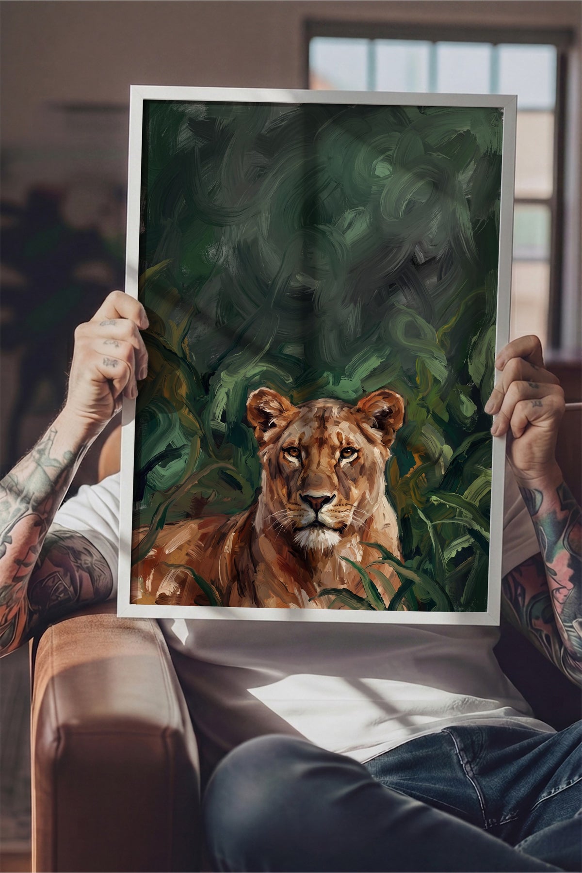 Yeşilliklerin İçinde Dişi Aslan Poster – Beyaz Çerçeveli Tablo