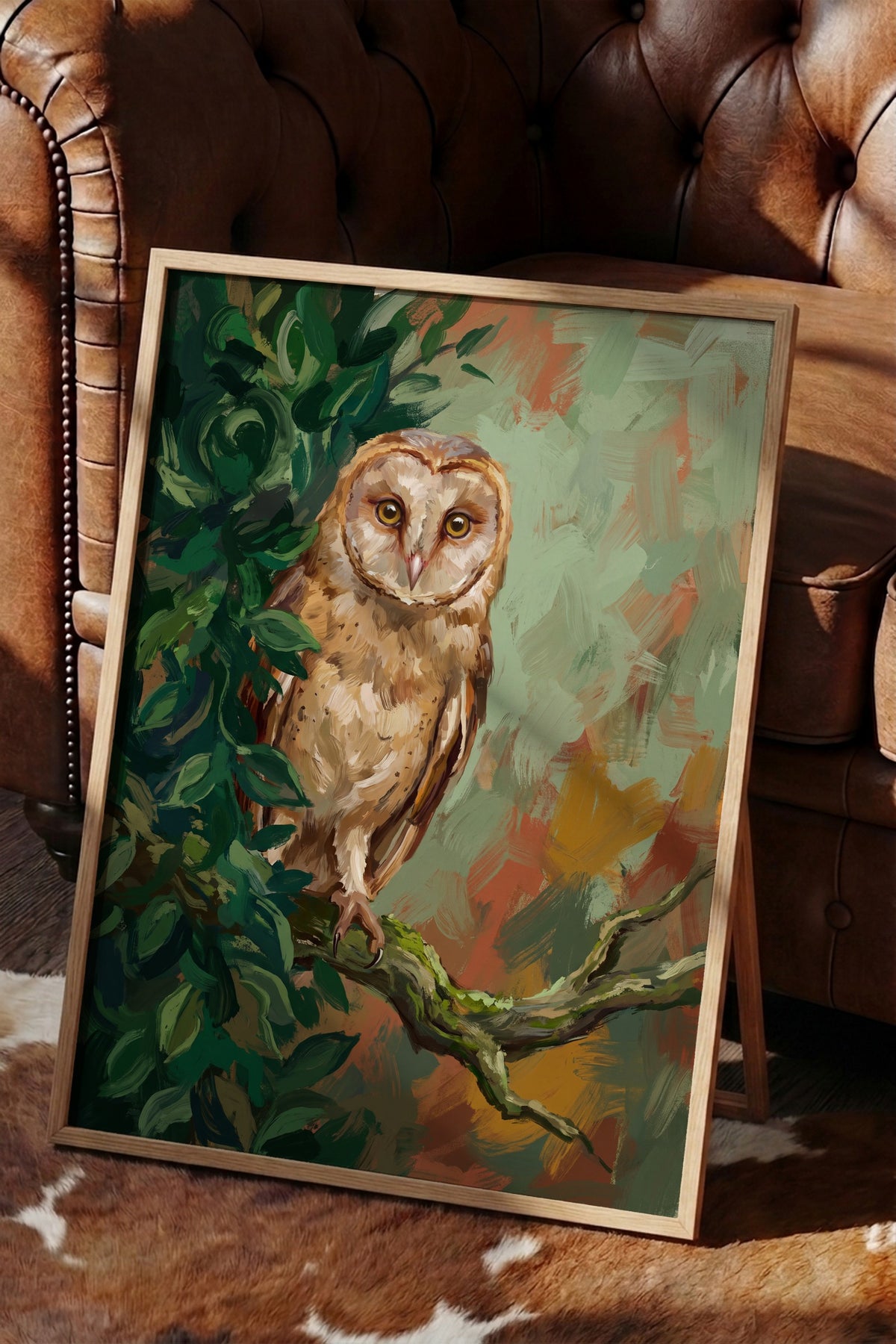 Yeşil Yapraklar Arasında Baykuş Poster – Ahşap Çerçeveli Tablo