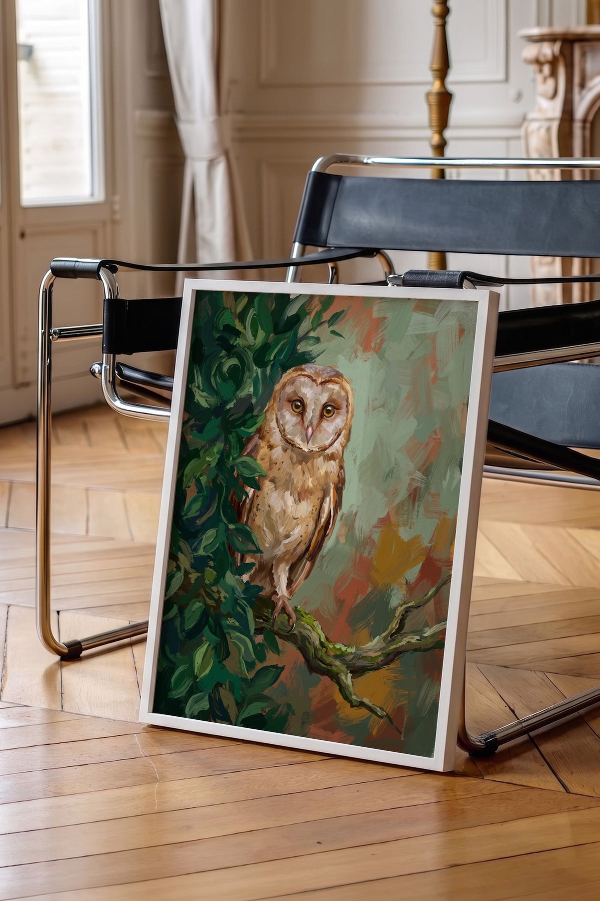 Yeşil Yapraklar Arasında Baykuş Poster – Beyaz Çerçeveli Tablo