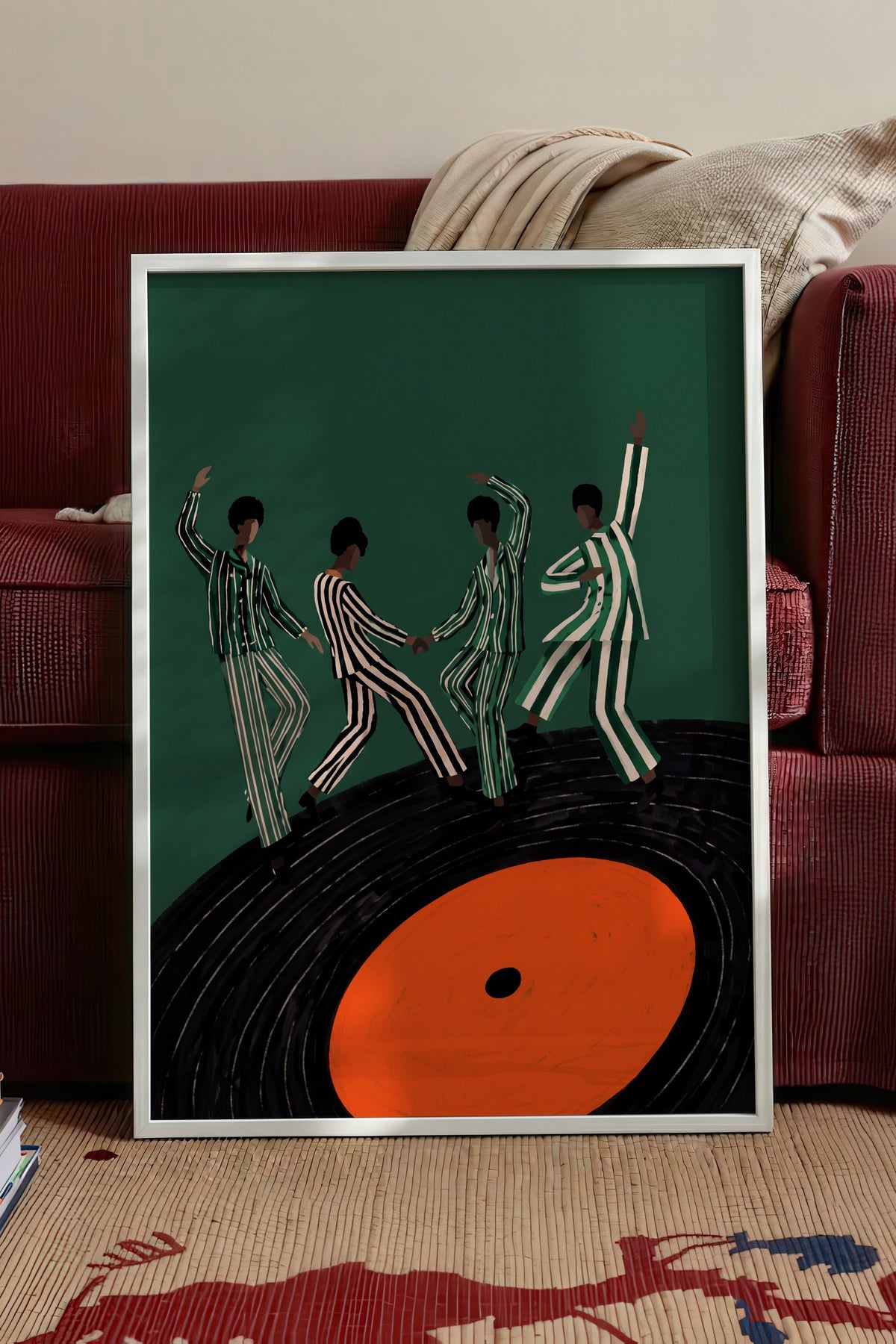 Plak Üzerinde Dans Eden Dörtlü Poster – Beyaz Çerçeveli Tablo