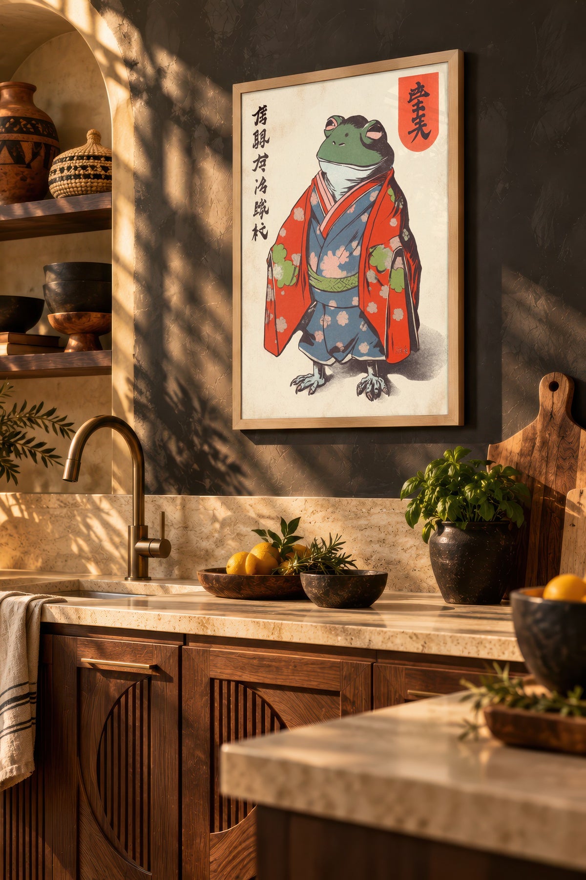 Kimonolu Kurbağa Sanatı Poster – Ahşap Çerçeveli Tablo