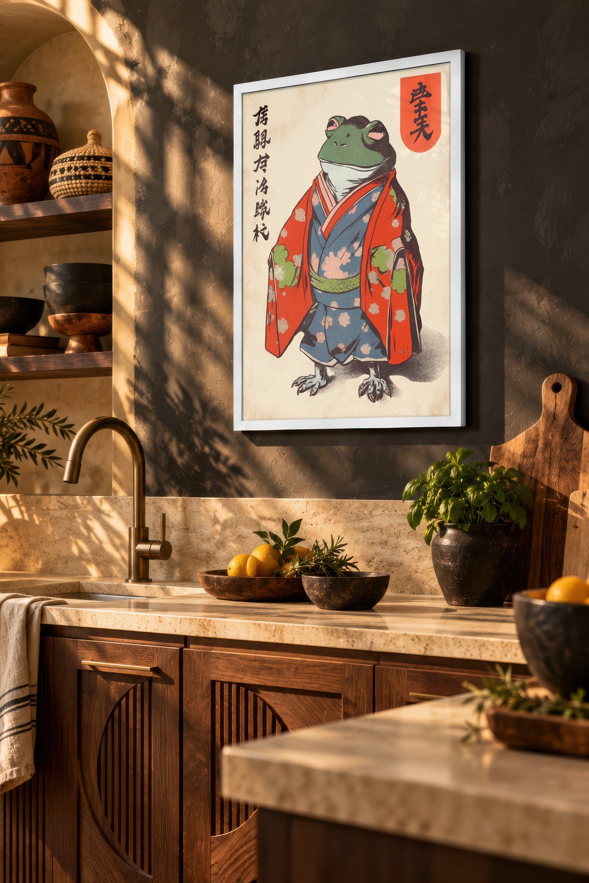 Kimonolu Kurbağa Sanatı Poster – Beyaz Çerçeveli Tablo