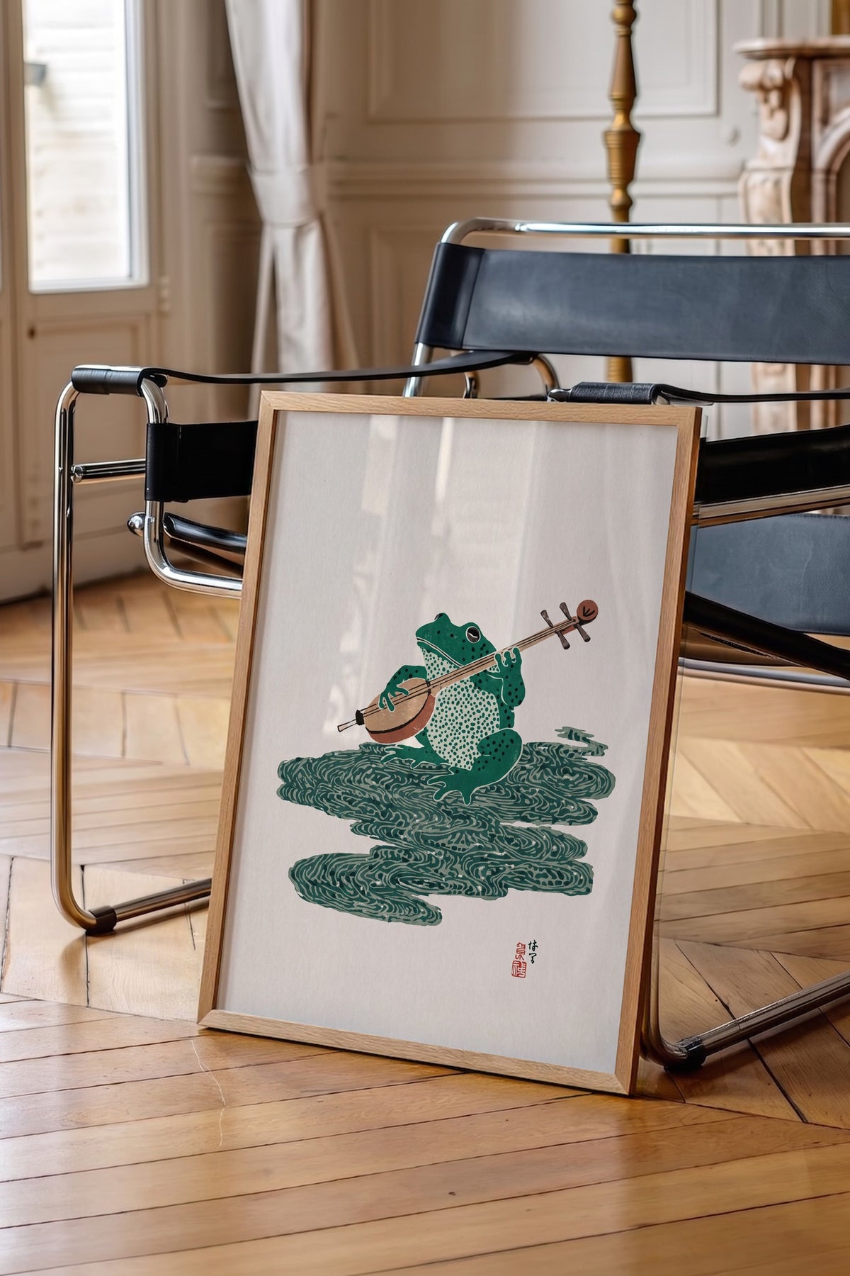 Şamisen Çalan Kurbağa Poster – Ahşap Çerçeveli Tablo
