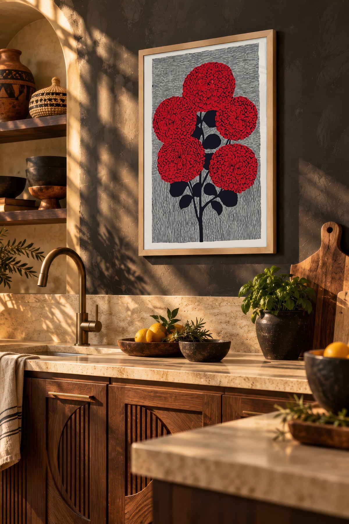 Kırmızı Dahlia Buketi Poster – Ahşap Çerçeveli Tablo