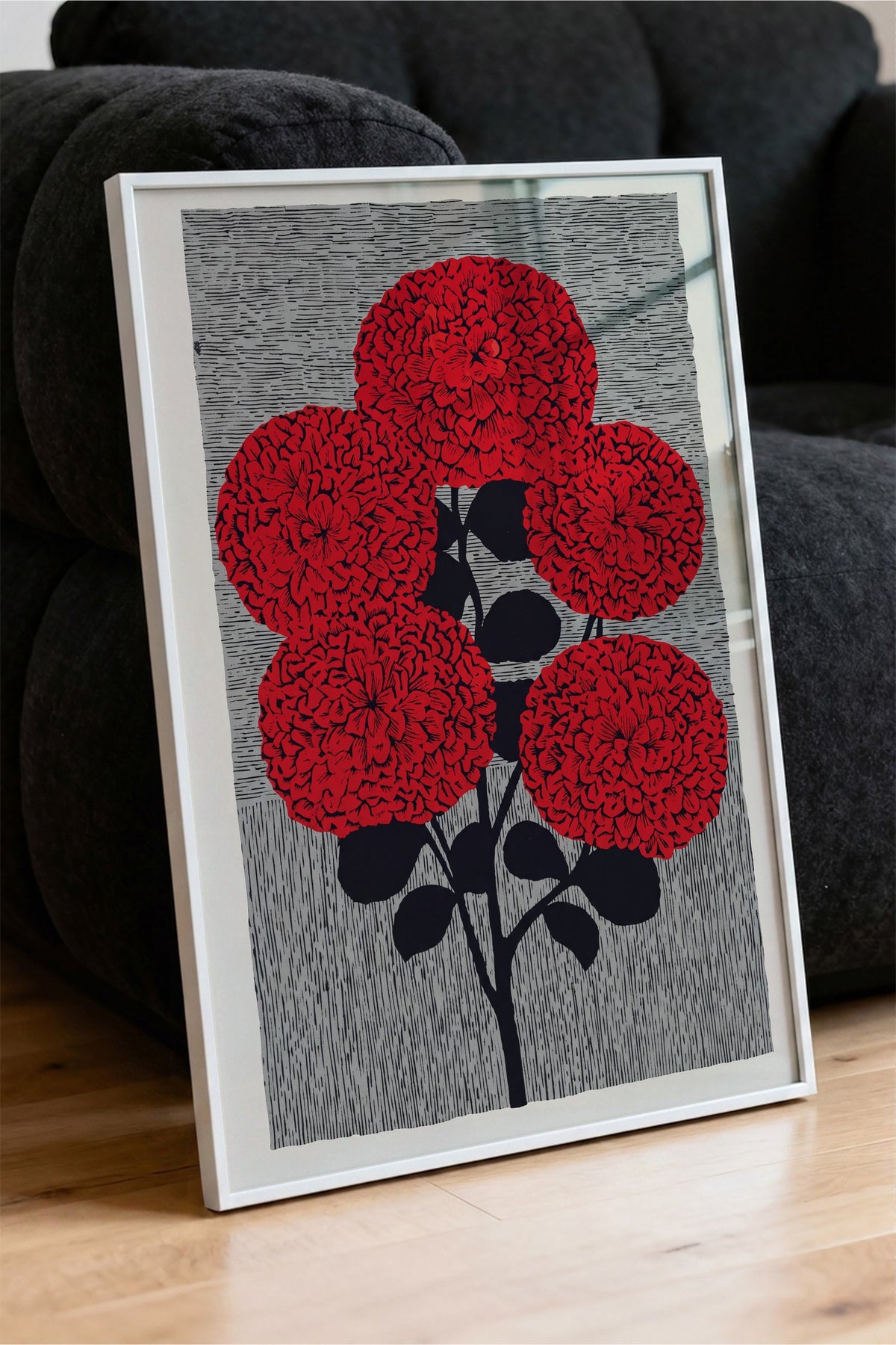 Kırmızı Dahlia Buketi Poster – Beyaz Çerçeveli Tablo