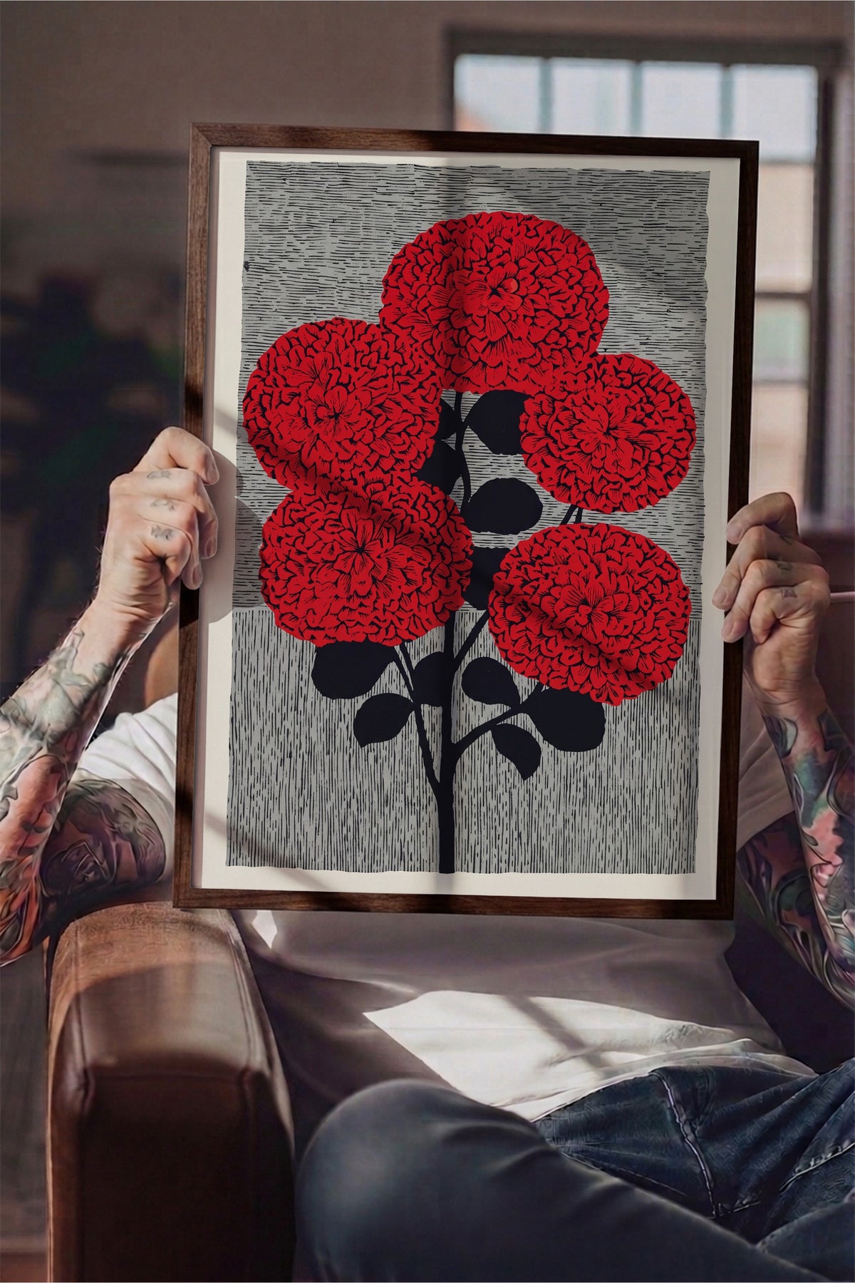 Kırmızı Dahlia Buketi Poster – Kahverengi Çerçeveli Tablo