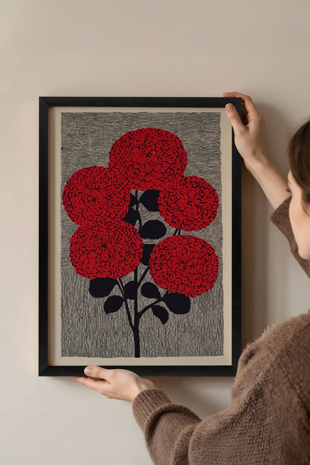 Kırmızı Dahlia Buketi Poster – Siyah Çerçeveli Tablo