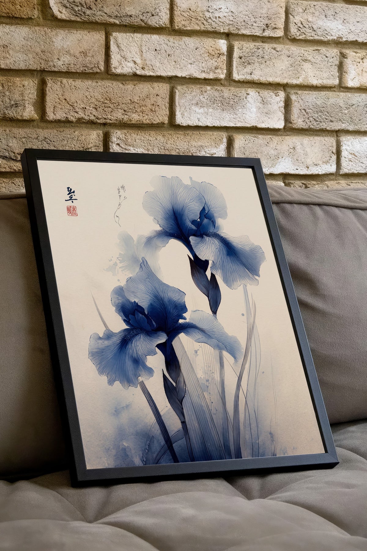 Mavi Süsen Çiçekleri Suluboya Resmi Poster – Siyah Çerçeveli Tablo