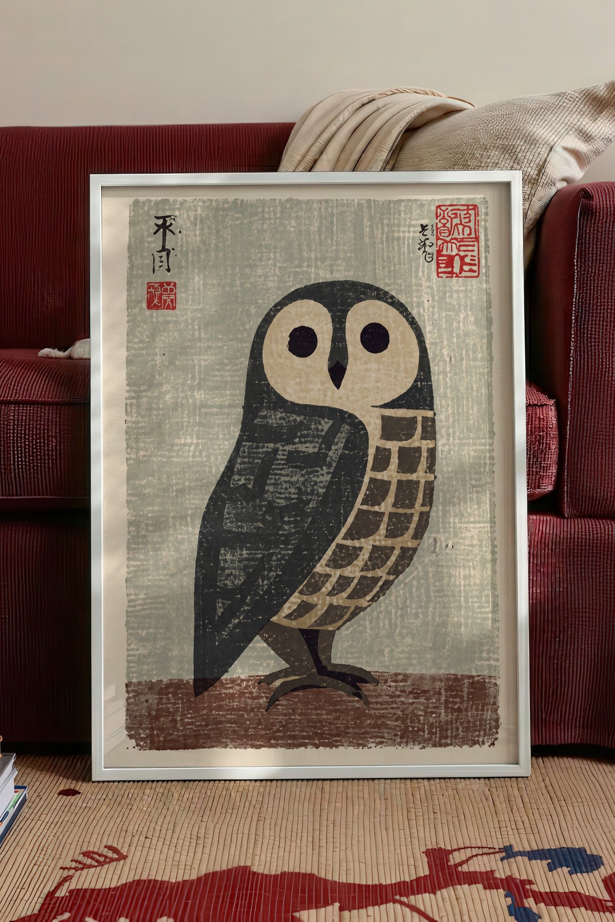 Japon Baskı Baykuş Poster – Beyaz Çerçeveli Tablo