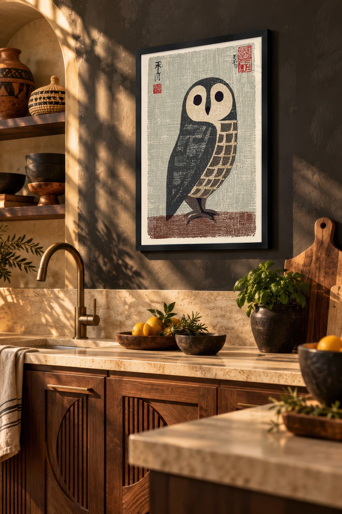 Japon Baskı Baykuş Poster – Siyah Çerçeveli Tablo