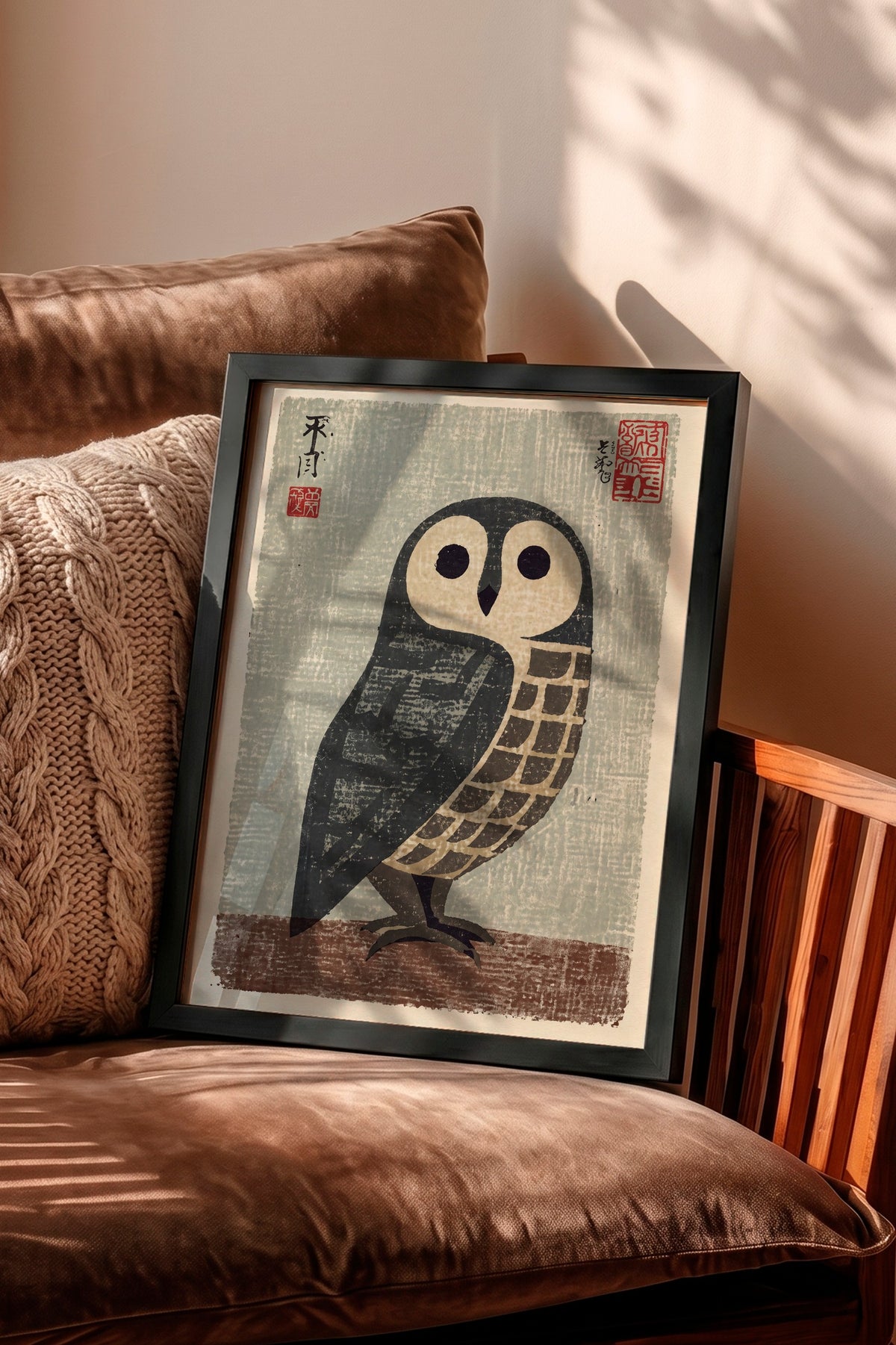Japon Baskı Baykuş Poster – Siyah Çerçeveli Tablo
