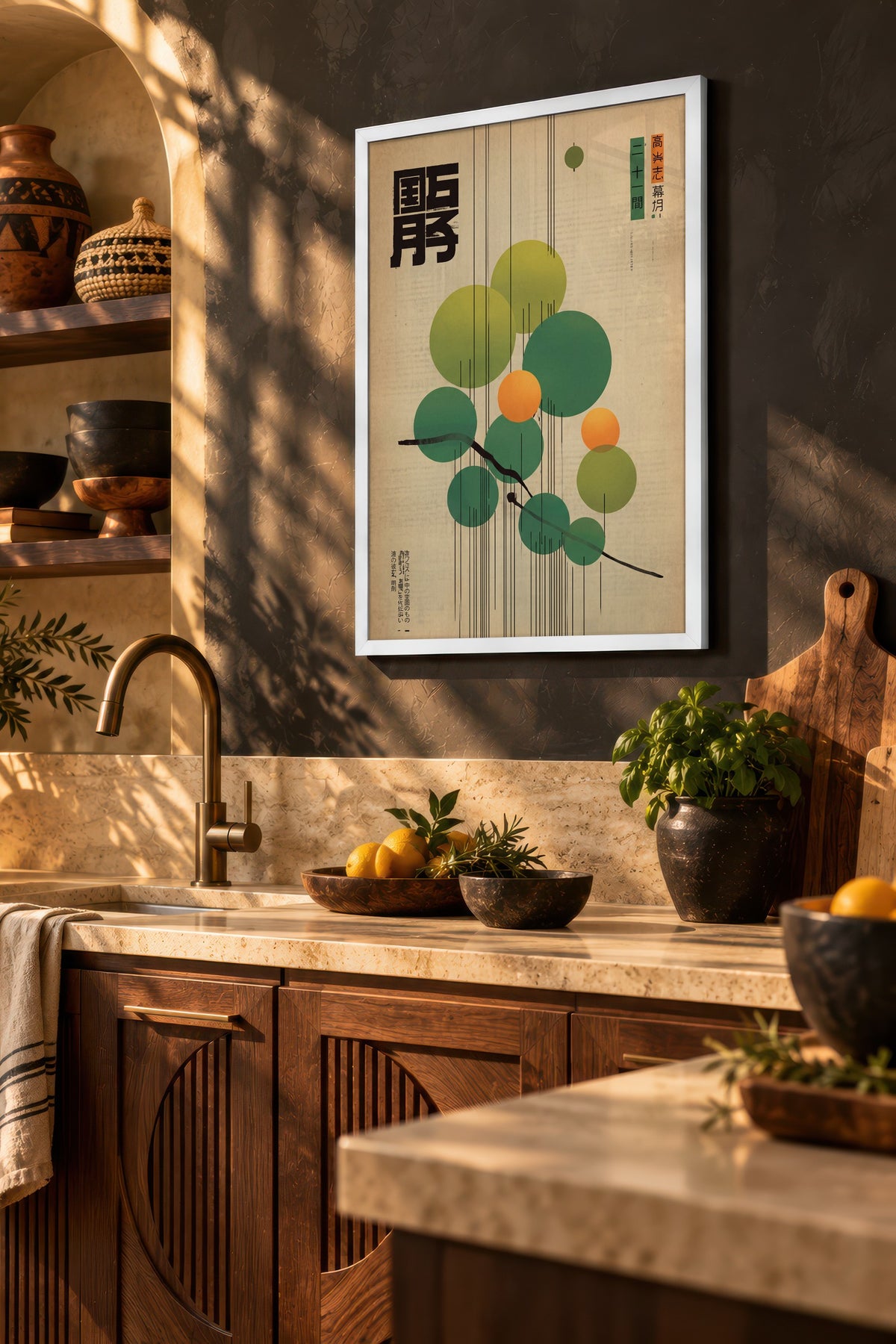 Geometrik Dairelerle Doğu Kaligrafisi Poster – Beyaz Çerçeveli Tablo