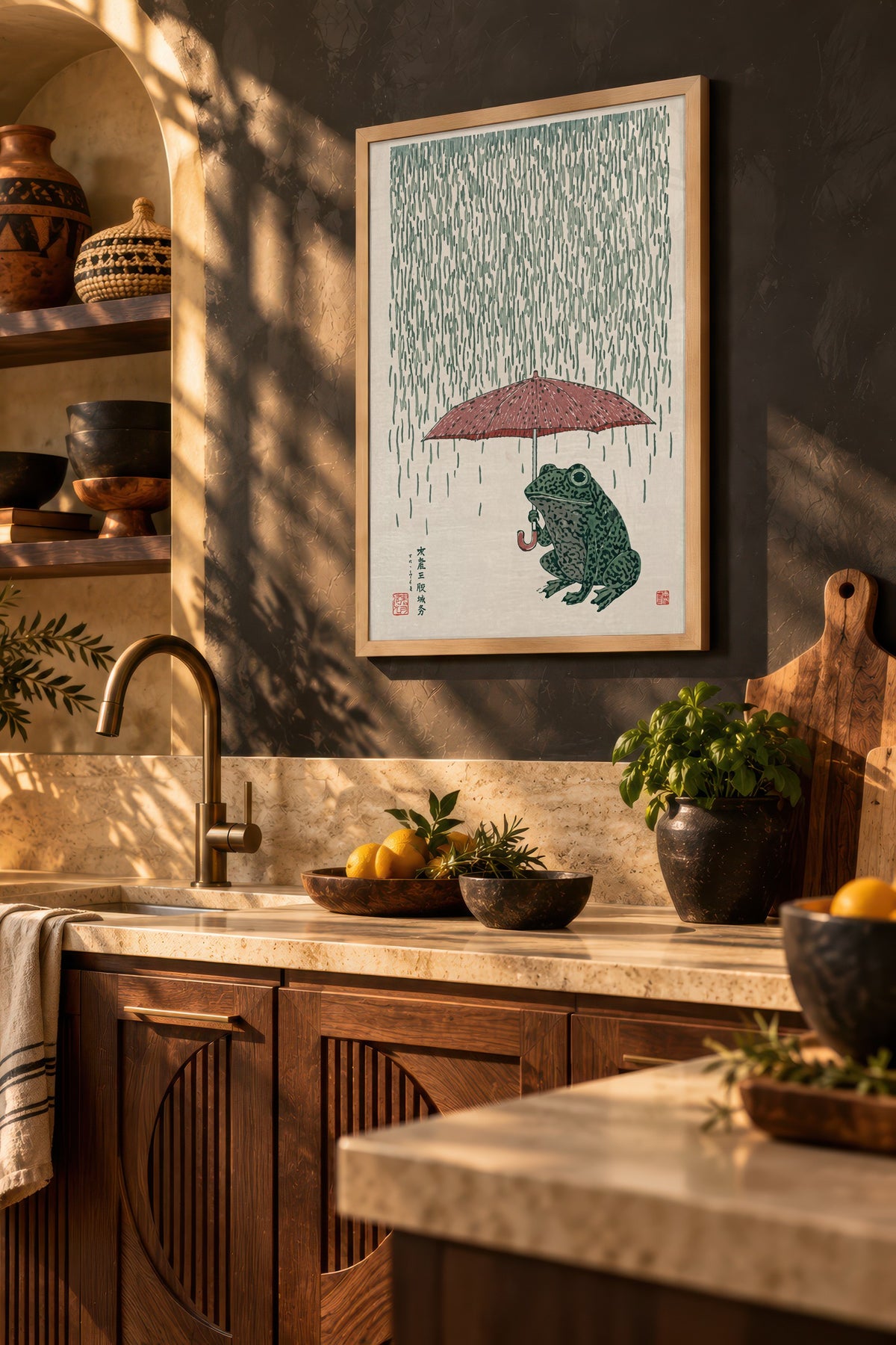 Yağmurda Şemsiyeli Kurbağa Poster – Ahşap Çerçeveli Tablo