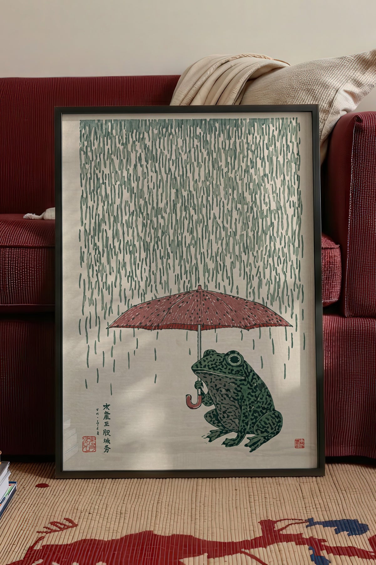 Yağmurda Şemsiyeli Kurbağa Poster – Siyah Çerçeveli Tablo