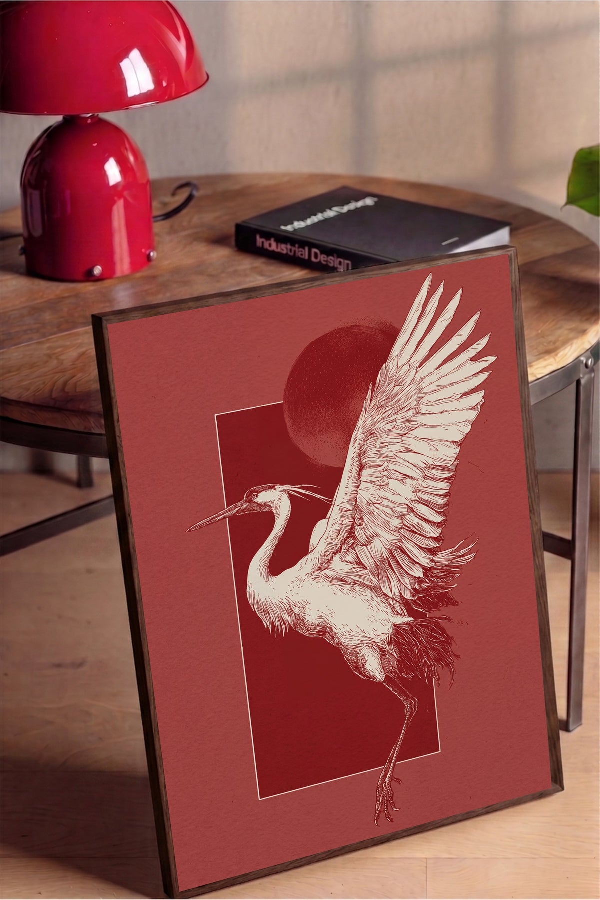 Turna Kuşu ve Kızıl Ay Poster – Kahverengi Çerçeveli Tablo