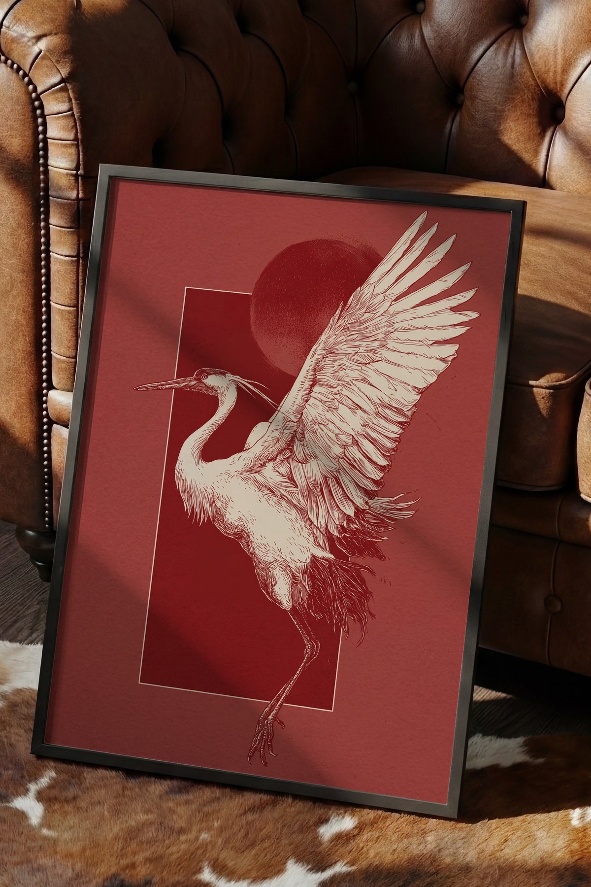 Turna Kuşu ve Kızıl Ay Poster – Siyah Çerçeveli Tablo