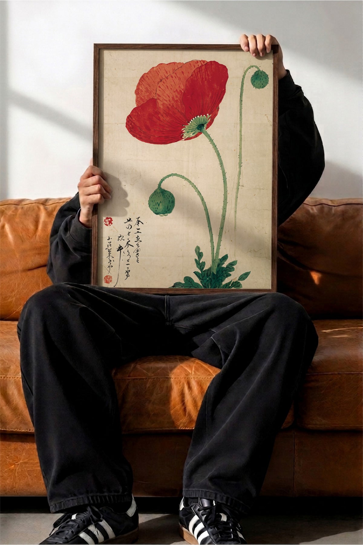 Kırmızı Gelincik Çiçeği Poster – Kahverengi Çerçeveli Tablo