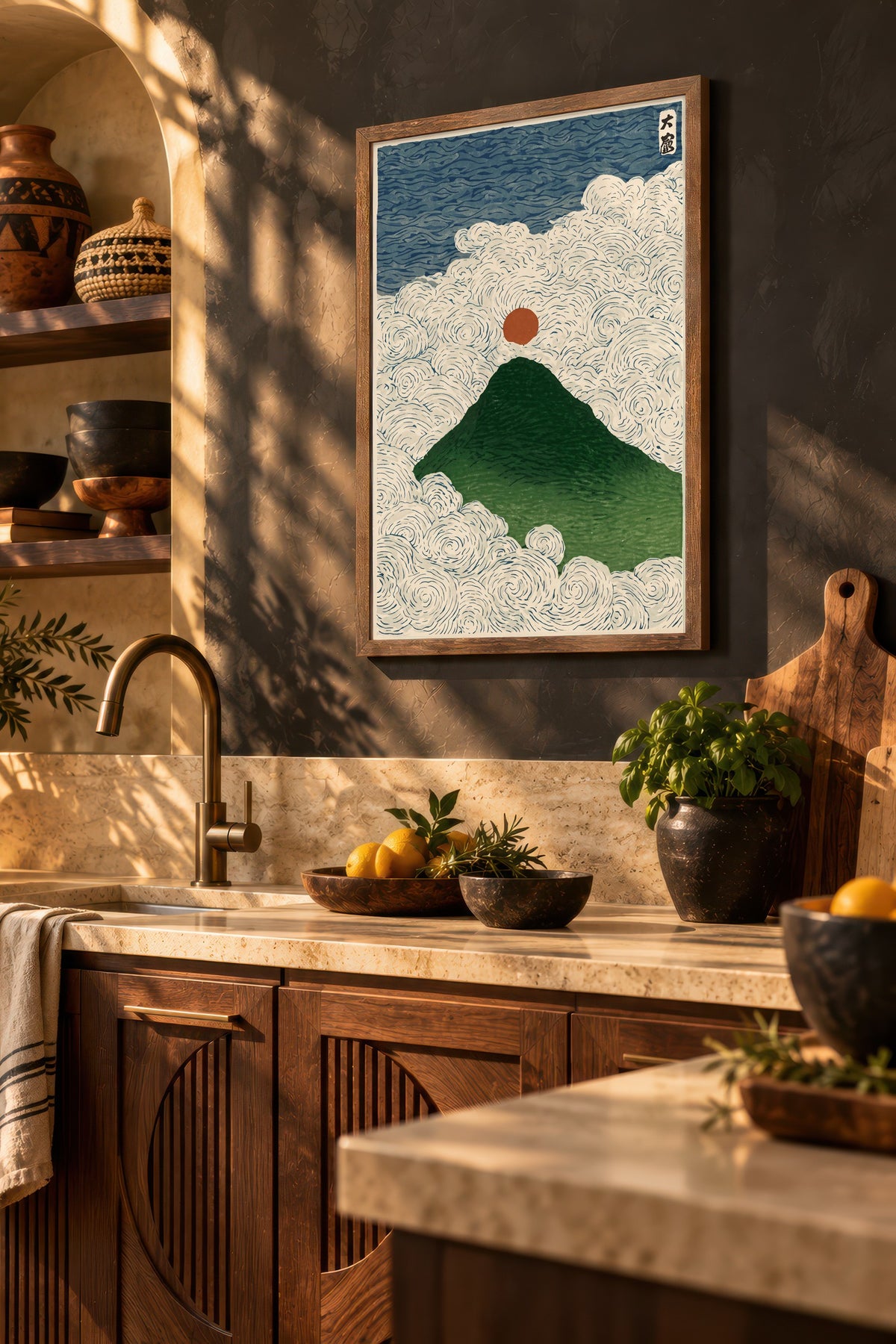 Bulutlar Üzerinde Fuji Dağı Poster – Kahverengi Çerçeveli Tablo