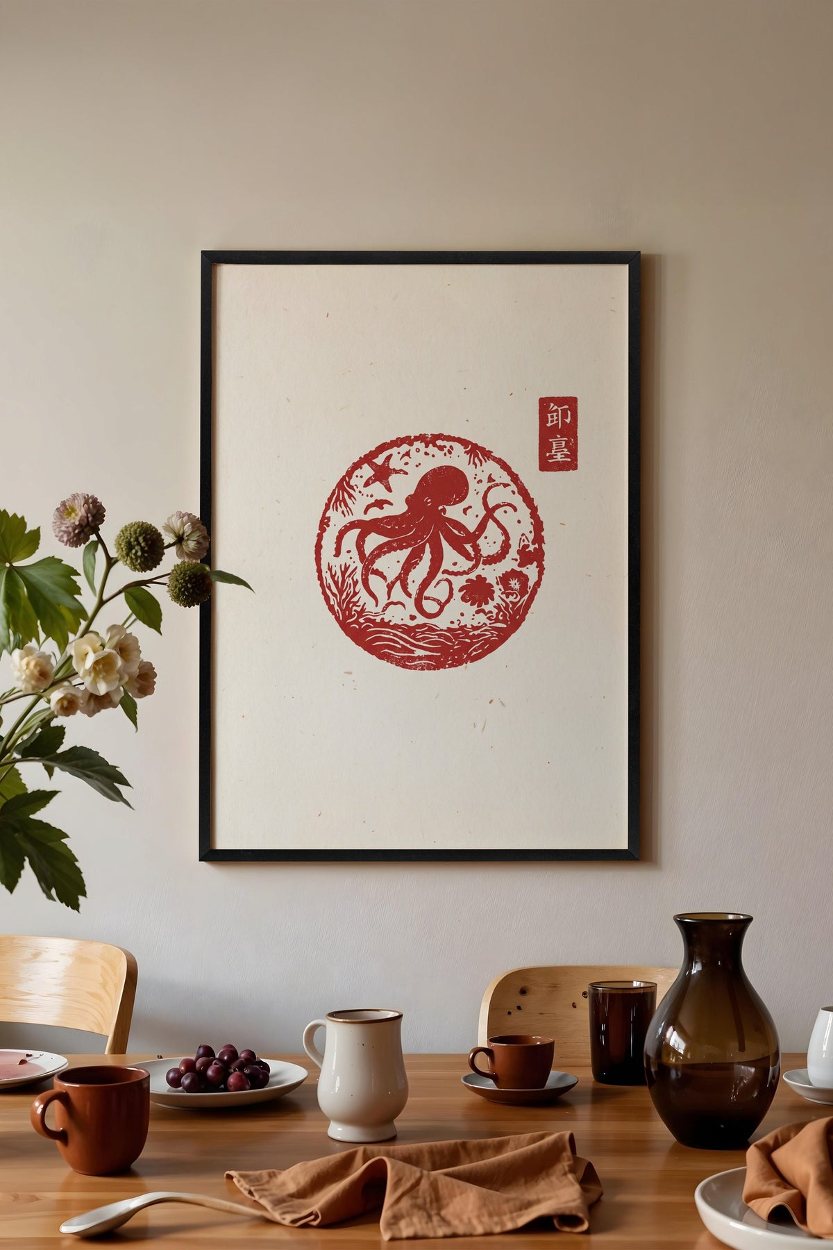 Ahtapot Mühür Baskısı Poster – Siyah Çerçeveli Tablo