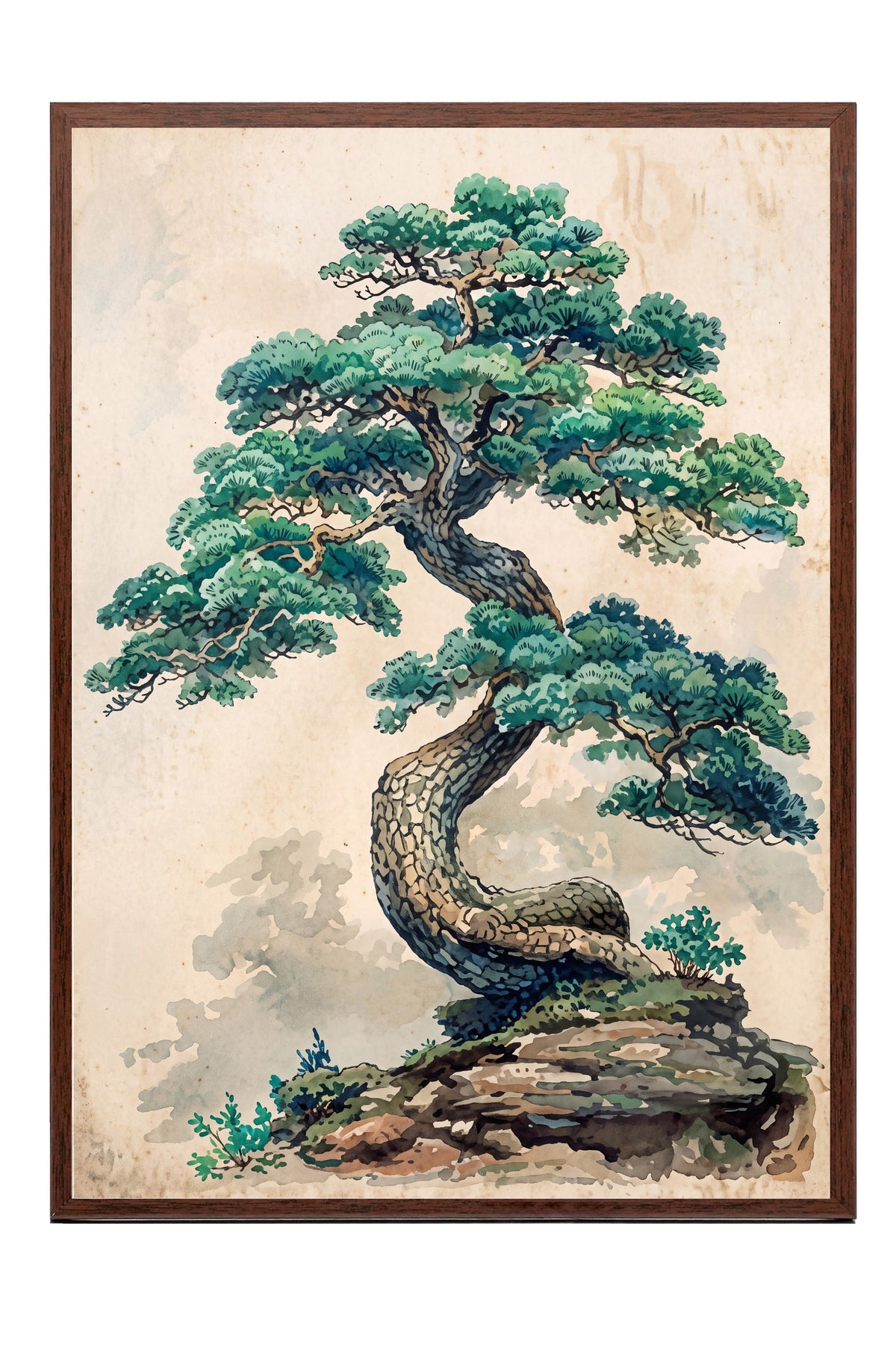 Kıvrımlı Bonsai Ağacı Poster – Kahverengi Çerçeveli Tablo