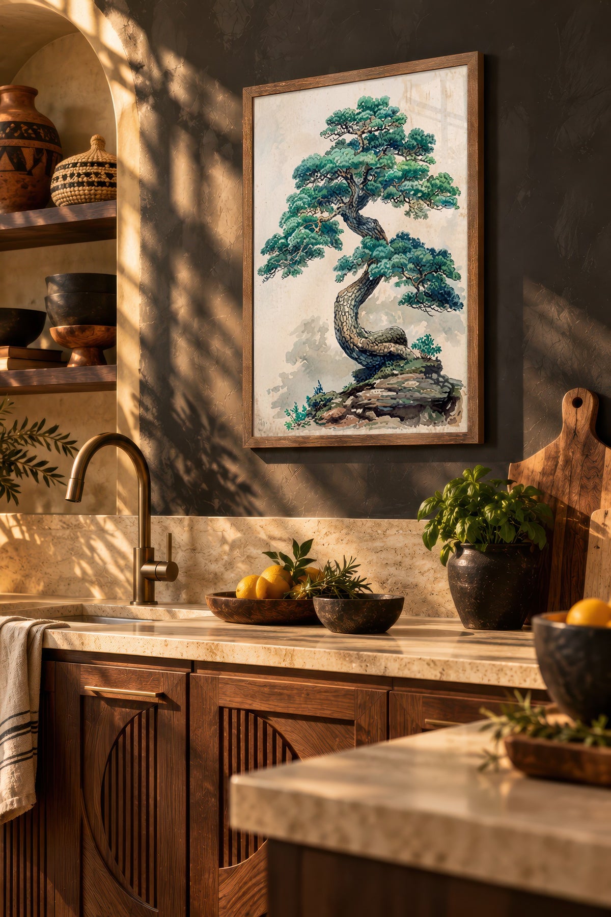Kıvrımlı Bonsai Ağacı Poster – Kahverengi Çerçeveli Tablo