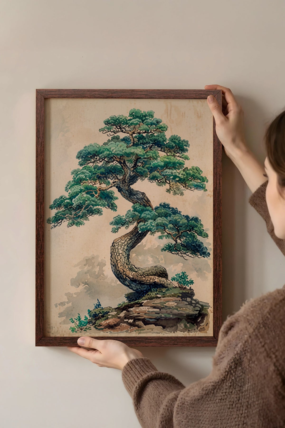 Kıvrımlı Bonsai Ağacı Poster – Kahverengi Çerçeveli Tablo