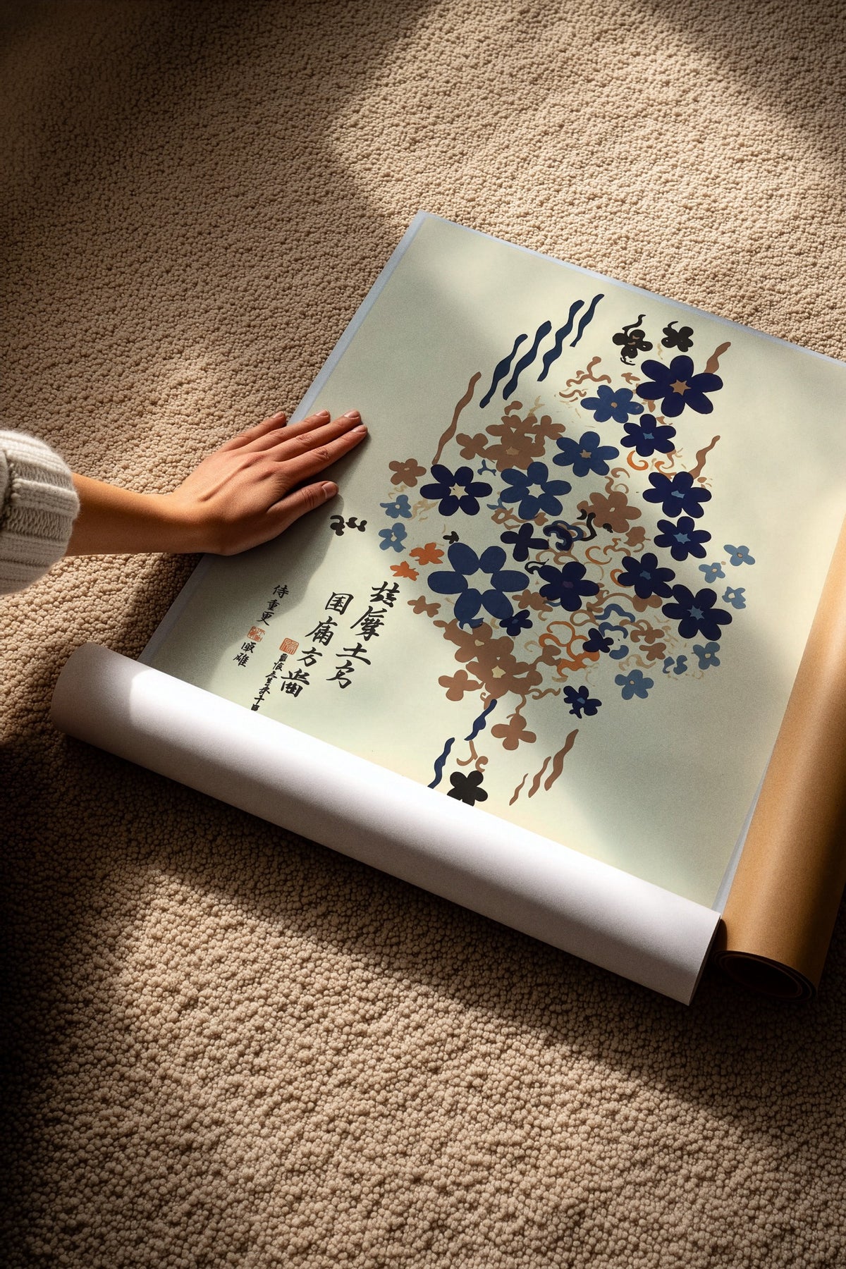Lacivert Çiçek Deseni ve Japon Kaligrafisi Çerçevesiz Poster