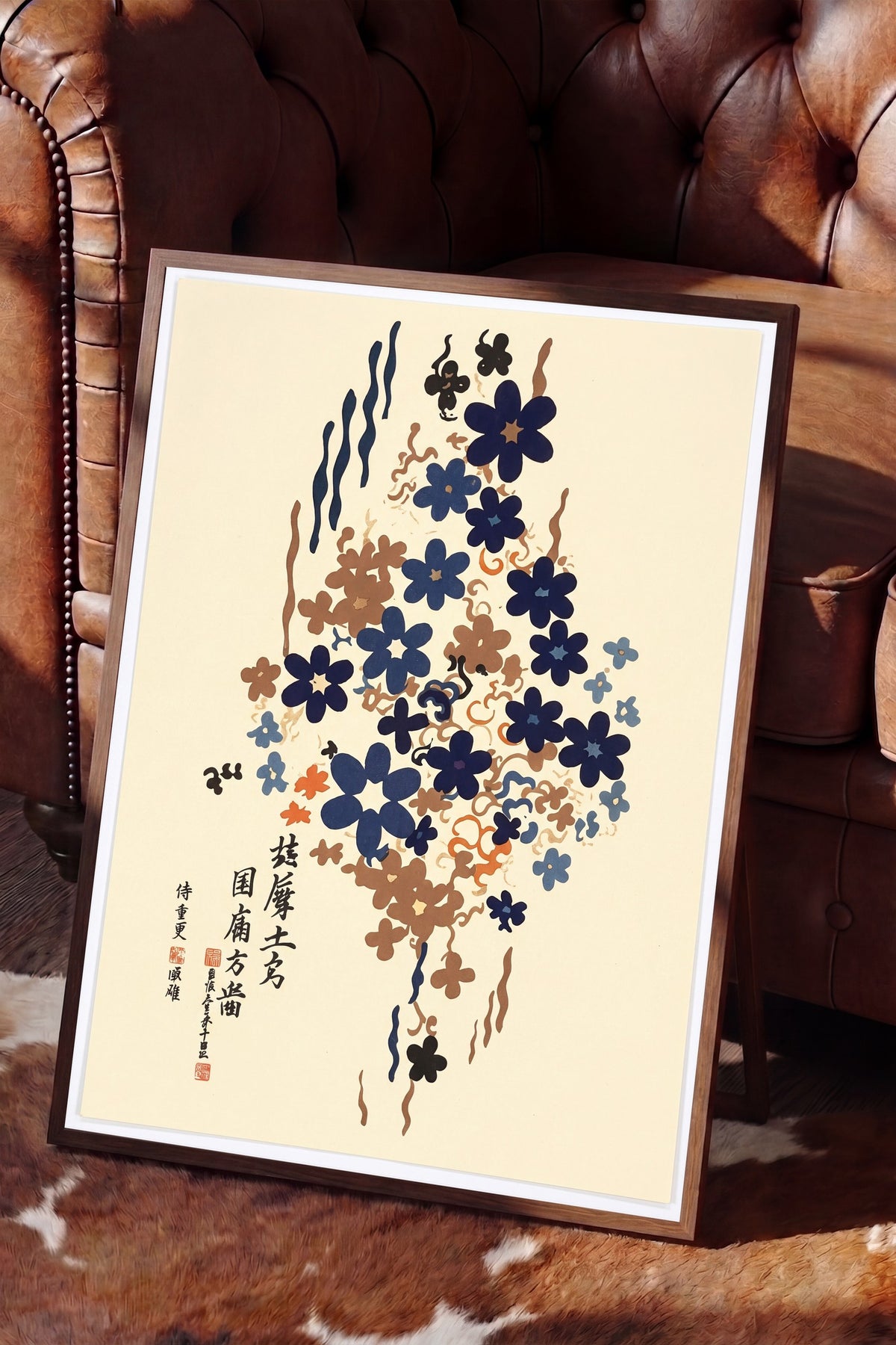 Lacivert Çiçek Deseni ve Japon Kaligrafisi Poster – Kahverengi Çerçeveli Tablo