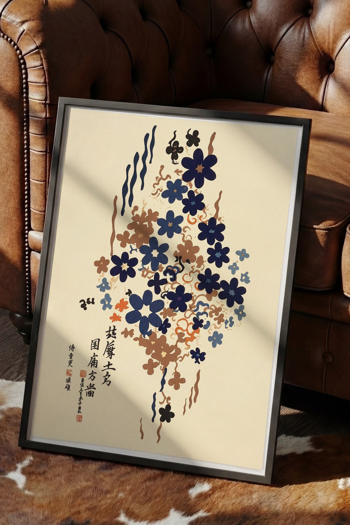 Lacivert Çiçek Deseni ve Japon Kaligrafisi Poster – Siyah Çerçeveli Tablo