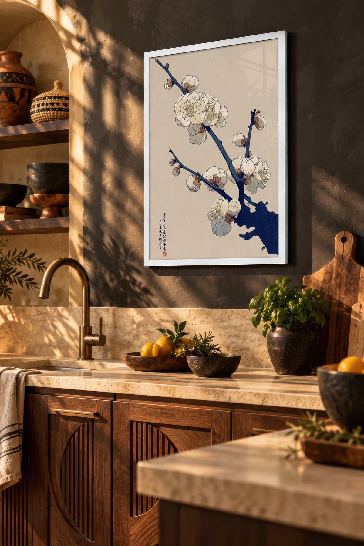 Erik Çiçekli Dal Poster – Beyaz Çerçeveli Tablo