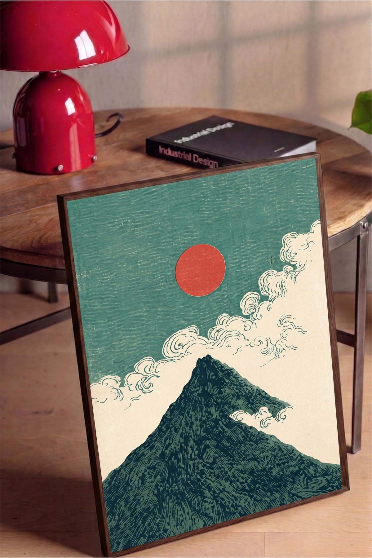 Kızıl Güneşli Dağ Manzarası Poster – Kahverengi Çerçeveli Tablo