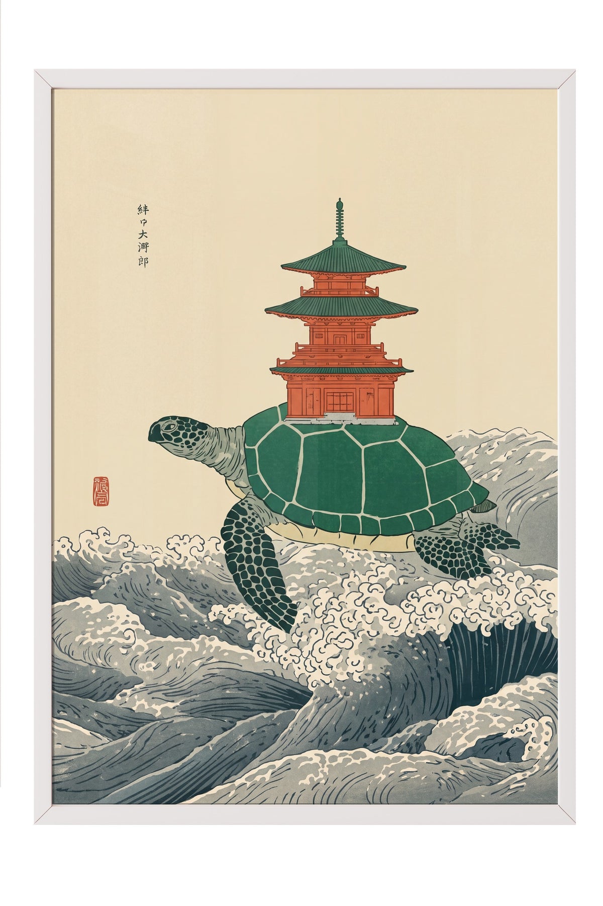Pagoda Taşıyan Kaplumbağa Poster – Beyaz Çerçeveli Tablo