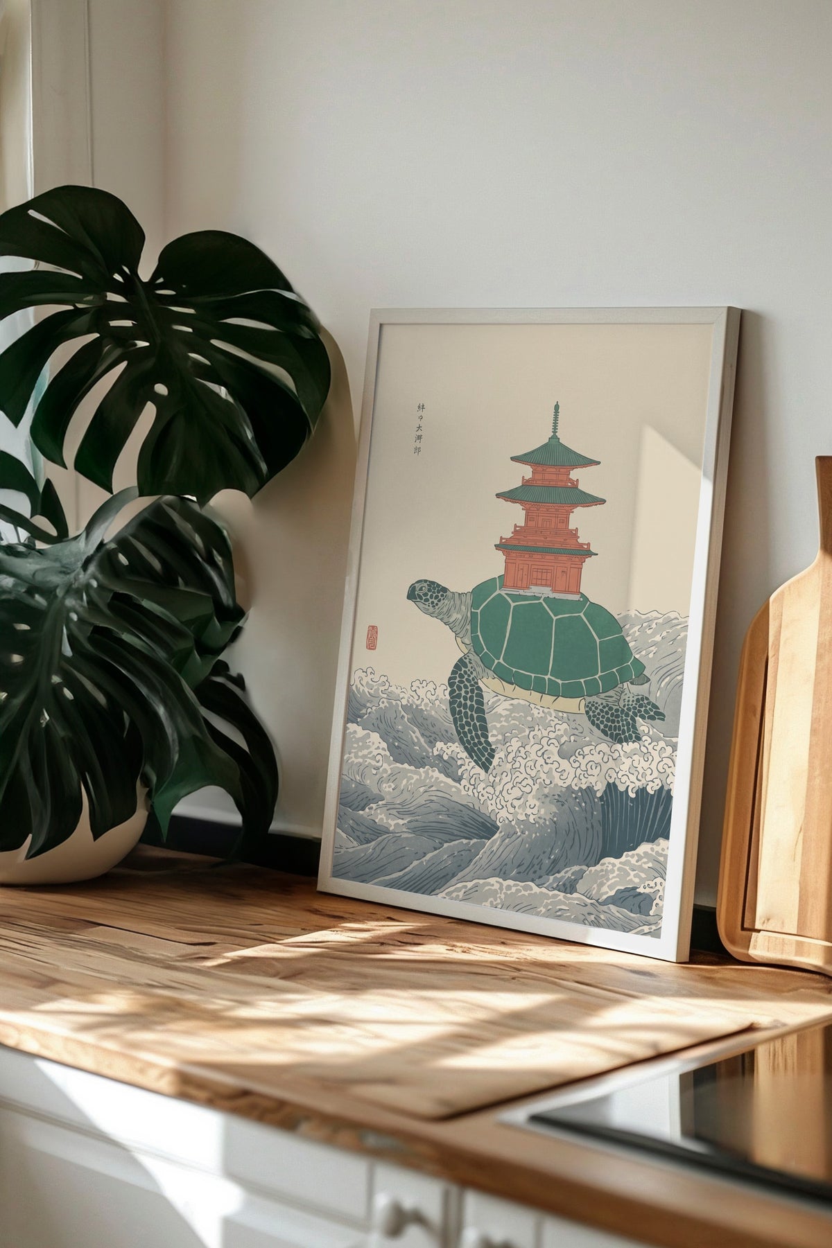 Pagoda Taşıyan Kaplumbağa Poster – Beyaz Çerçeveli Tablo