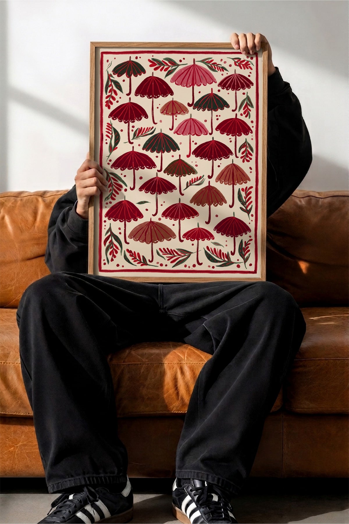 Kırmızı Şemsiyeler Deseni Poster – Ahşap Çerçeveli Tablo