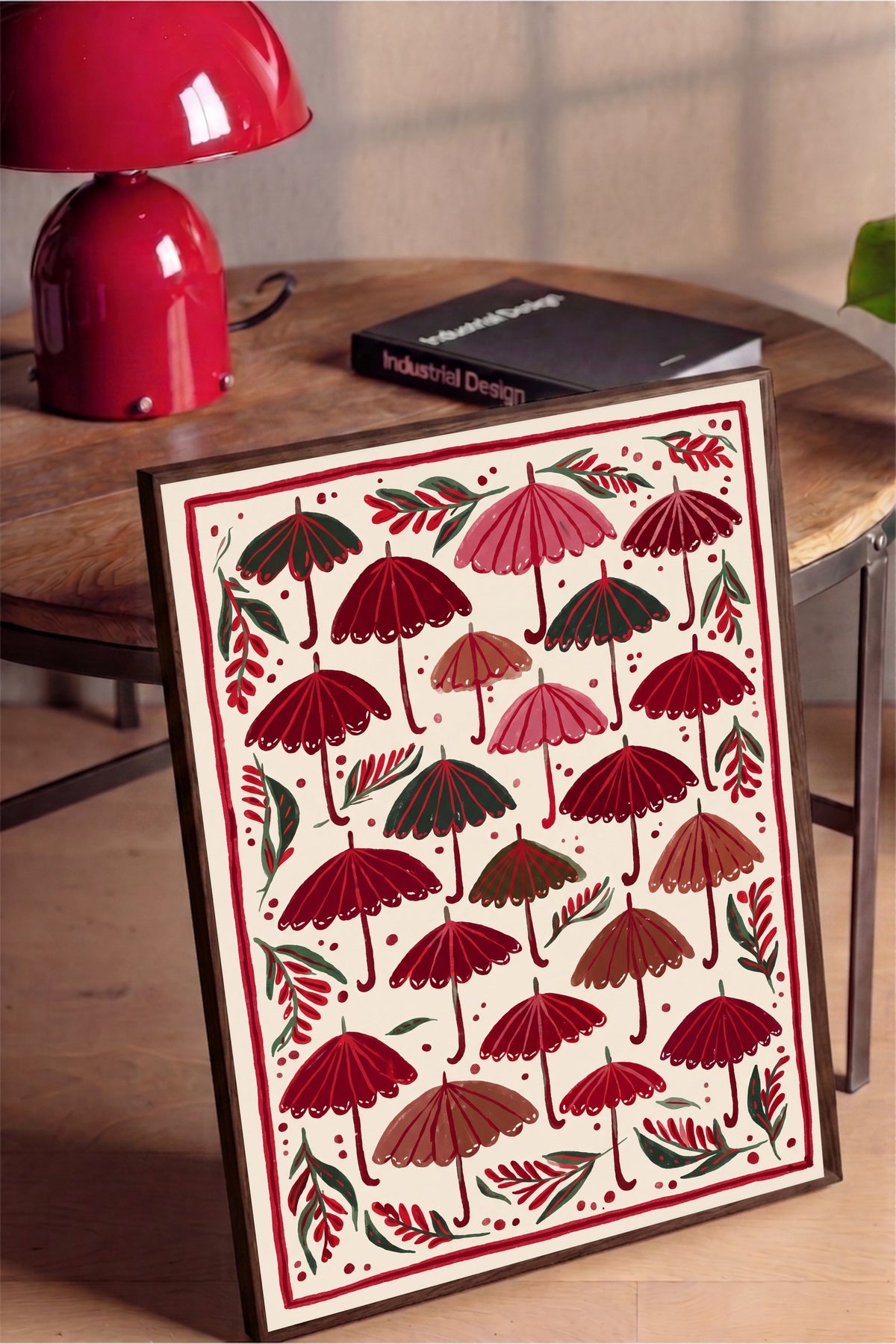 Kırmızı Şemsiyeler Deseni Poster – Kahverengi Çerçeveli Tablo