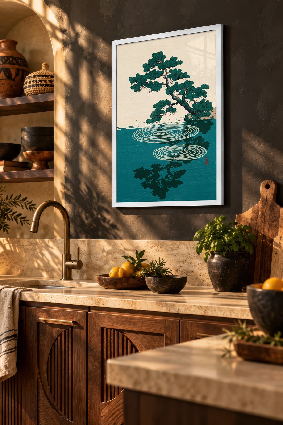 Suda Yansıyan Çam Ağacı Poster – Beyaz Çerçeveli Tablo