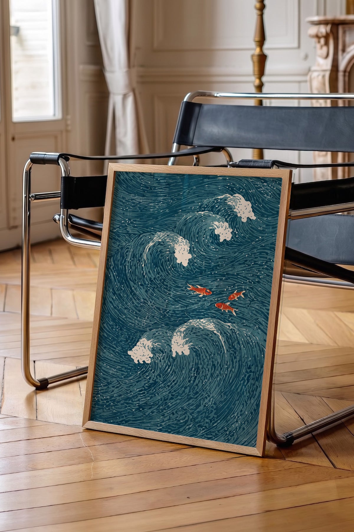 Dalgalar Arasında Japon Balıkları Poster – Ahşap Çerçeveli Tablo