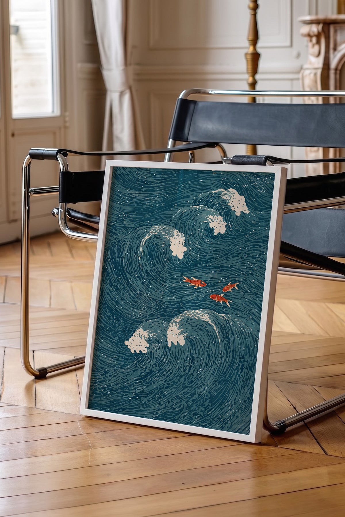 Dalgalar Arasında Japon Balıkları Poster – Beyaz Çerçeveli Tablo