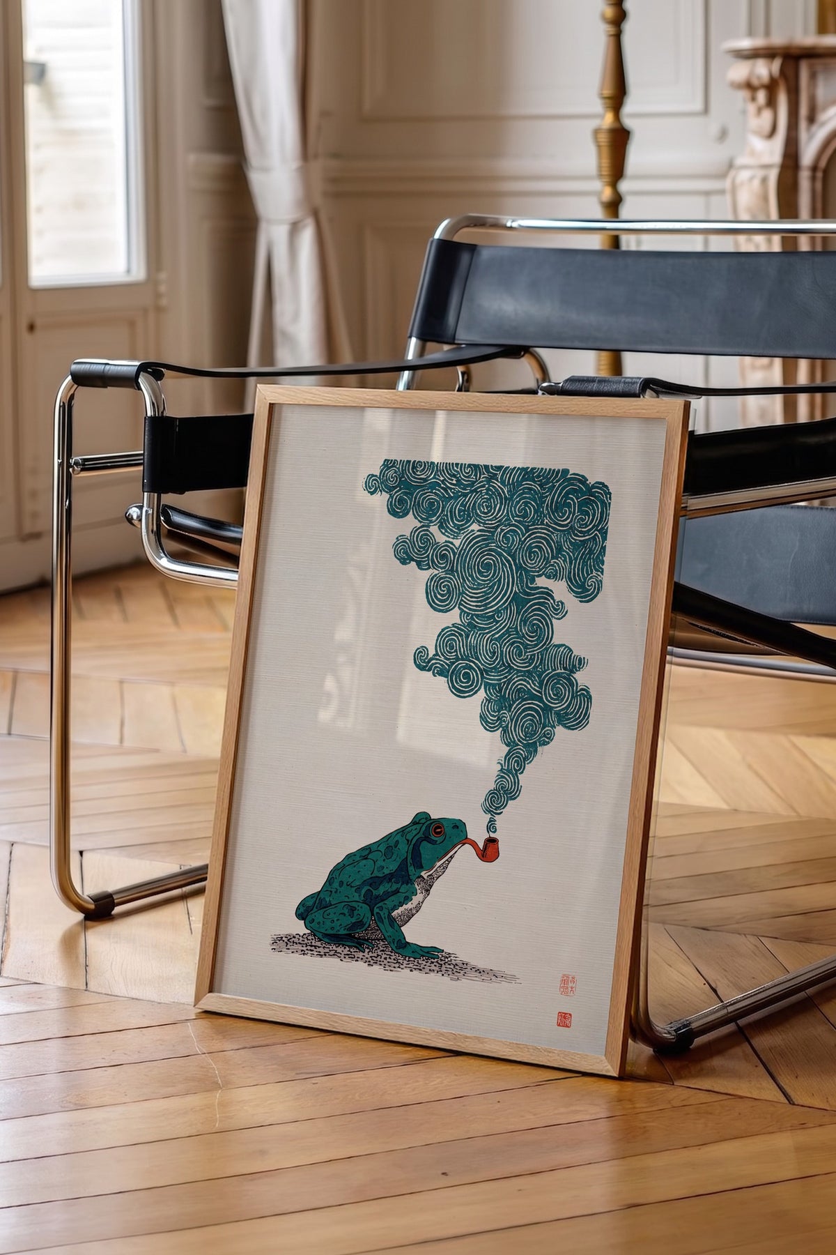 Pipo İçen Kurbağa Poster – Ahşap Çerçeveli Tablo