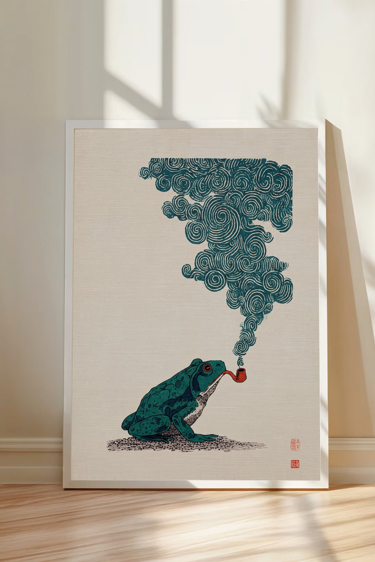 Pipo İçen Kurbağa Poster – Beyaz Çerçeveli Tablo