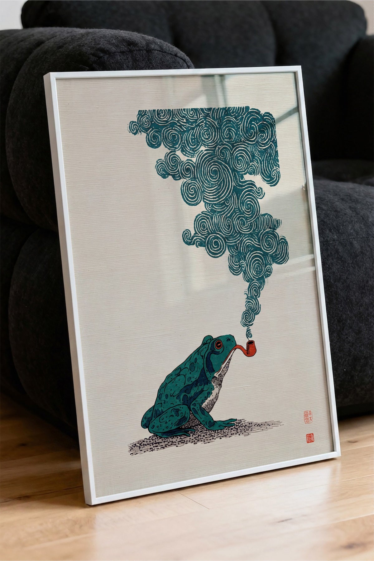 Pipo İçen Kurbağa Poster – Beyaz Çerçeveli Tablo