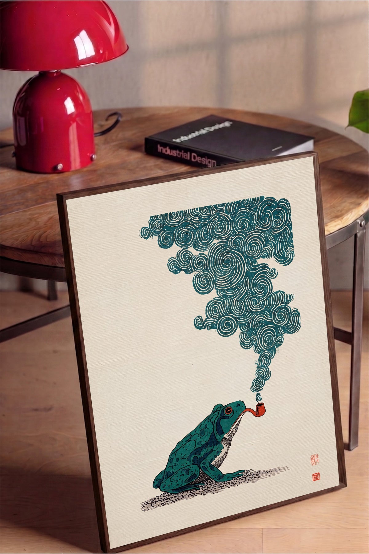 Pipo İçen Kurbağa Poster – Kahverengi Çerçeveli Tablo
