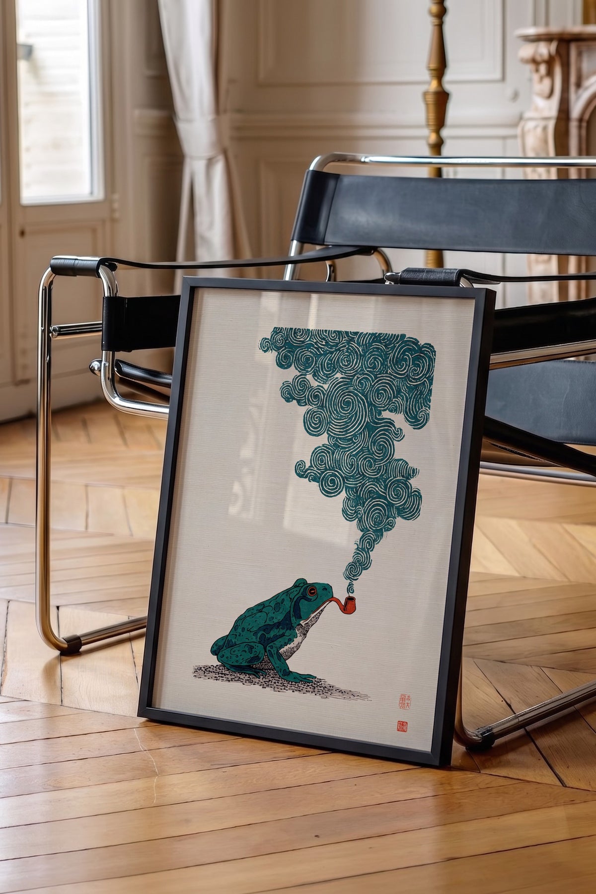 Pipo İçen Kurbağa Poster – Siyah Çerçeveli Tablo