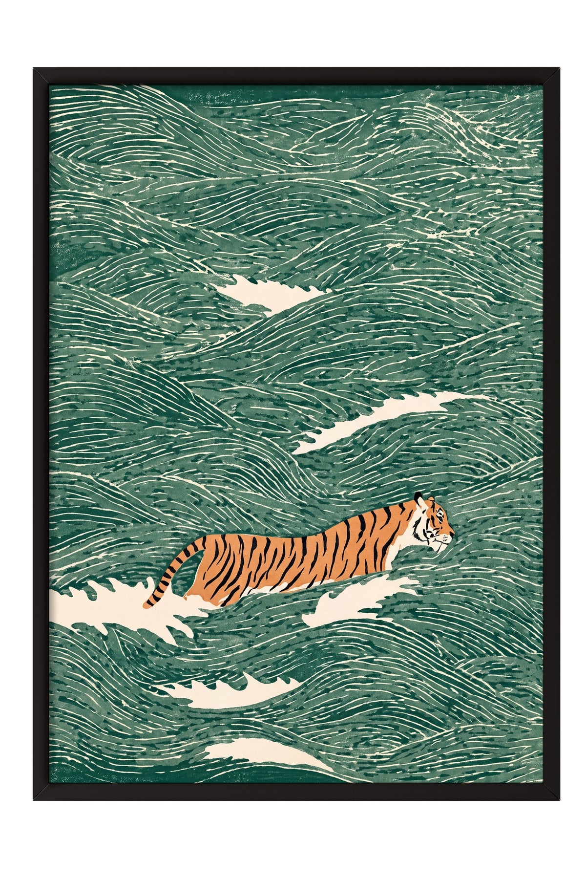 Dalgalarda Kaplan Poster – Siyah Çerçeveli Tablo
