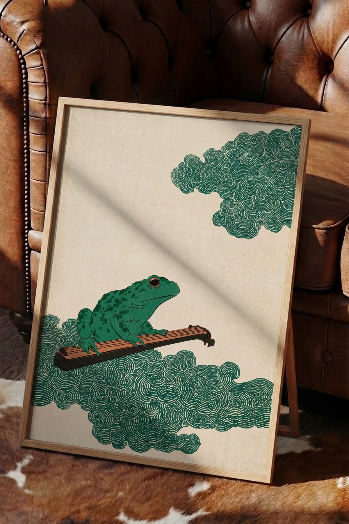 Guzheng Çalan Kurbağa Poster – Ahşap Çerçeveli Tablo